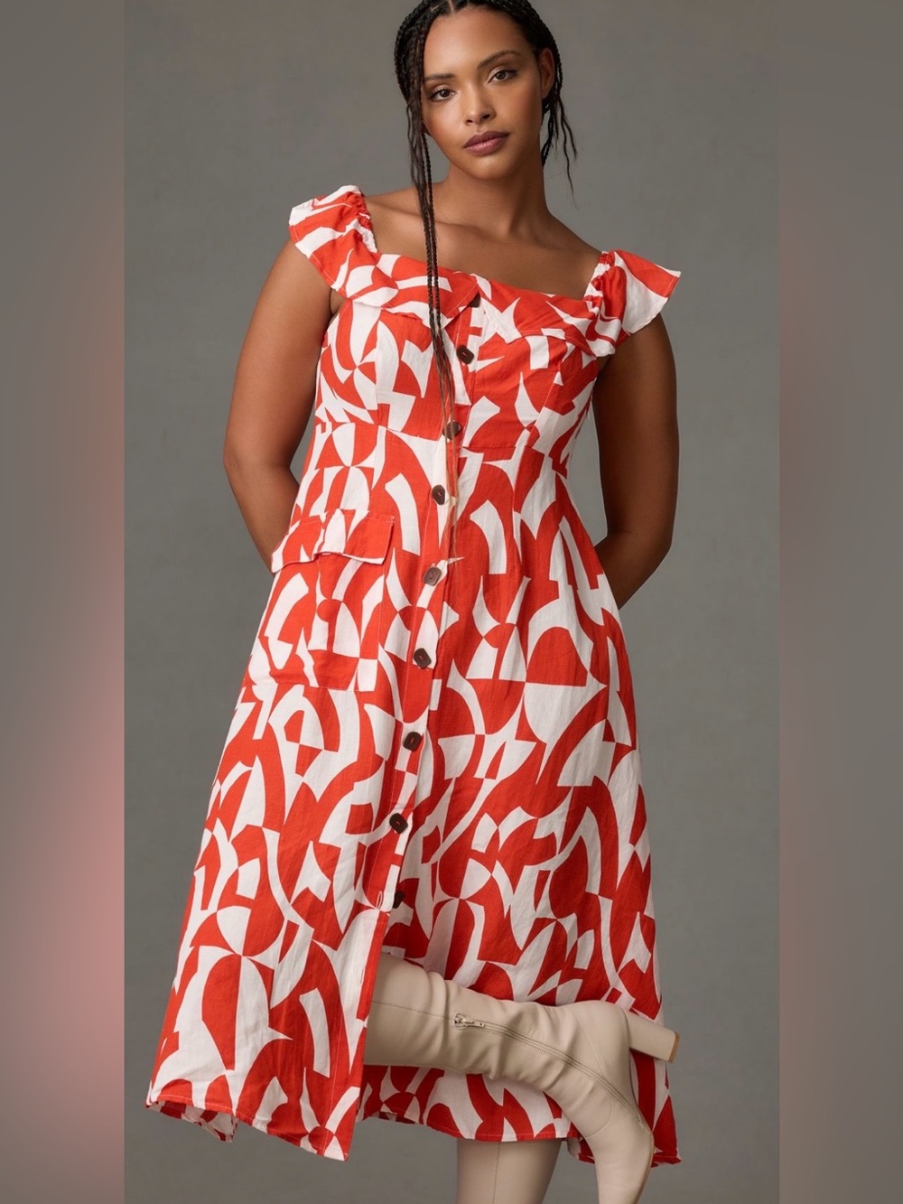 Anthropologie Red & White Graphic Button-Front Sundress